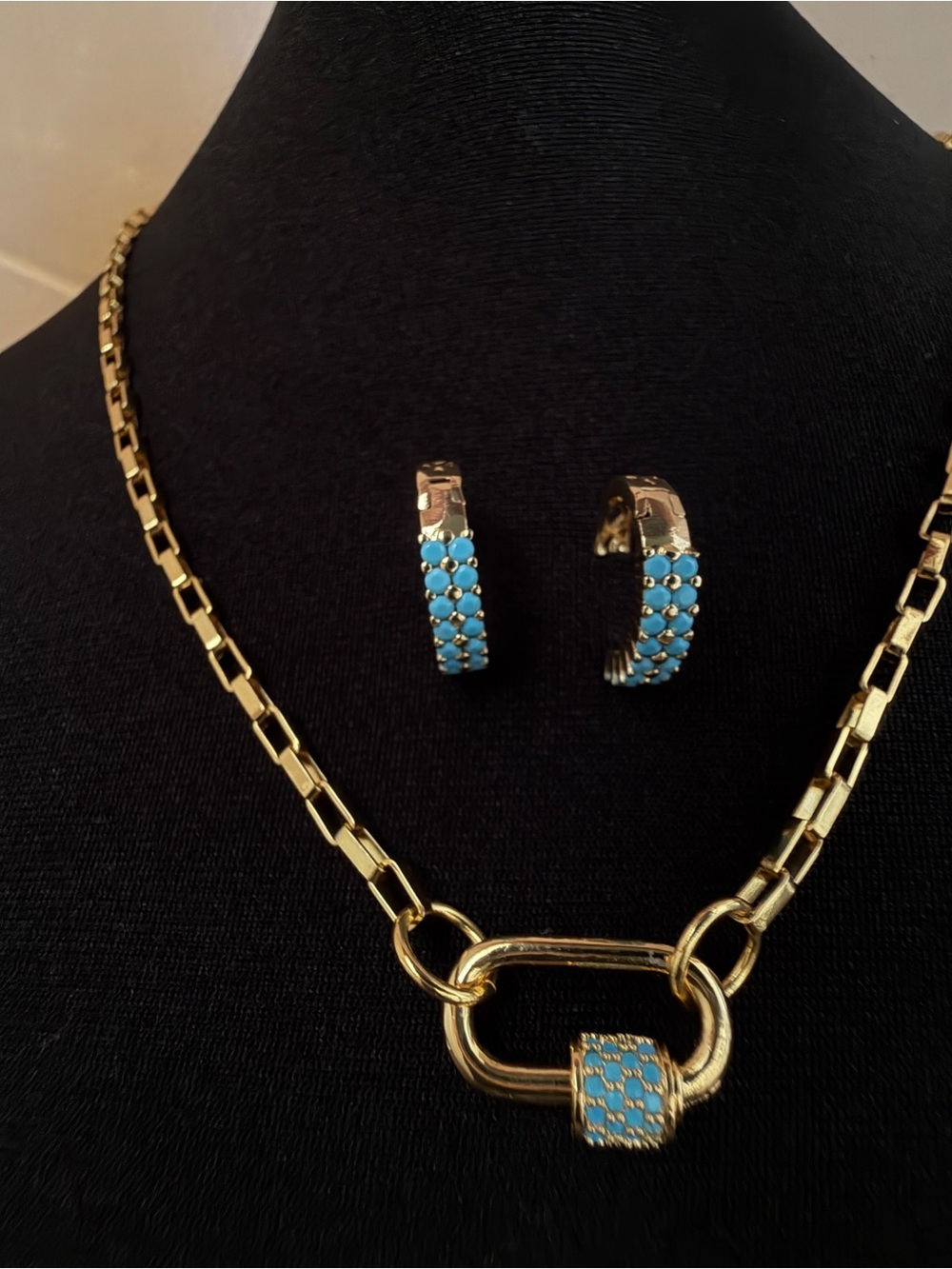Titanium Steal Locked Carabiner Necklace SET 18K Gold Plated Womens Jewelry